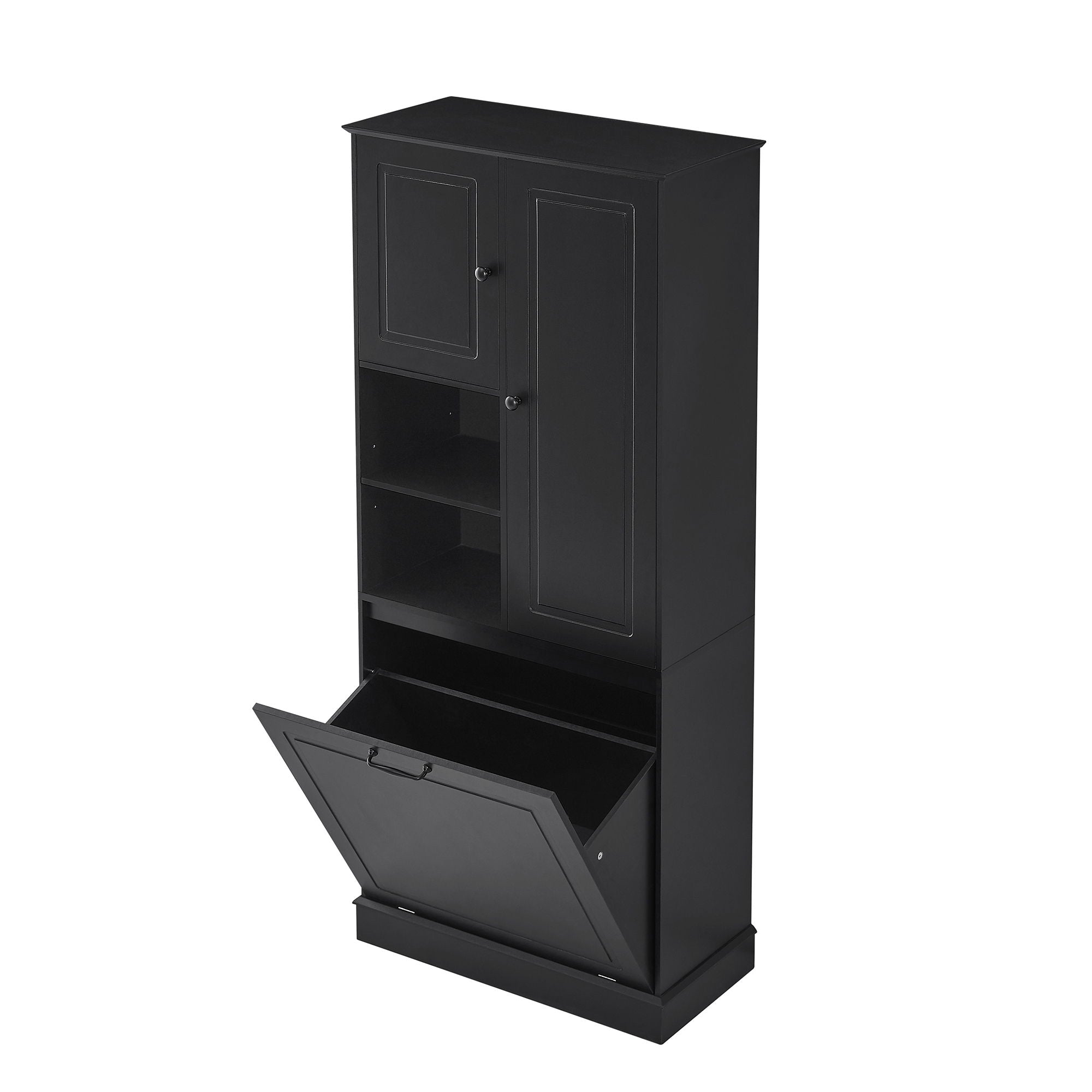 Modern Tall Storage Cabinet With Adjustable Shelves, Flip-Out Basket & Enclosed Doors