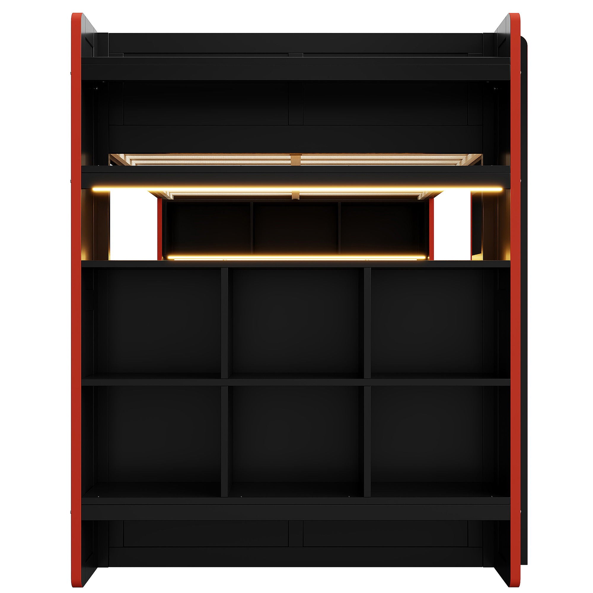 Full Size Gaming Bunk Bed With Desk, Storage Shelves, LED And Charging Station - Black