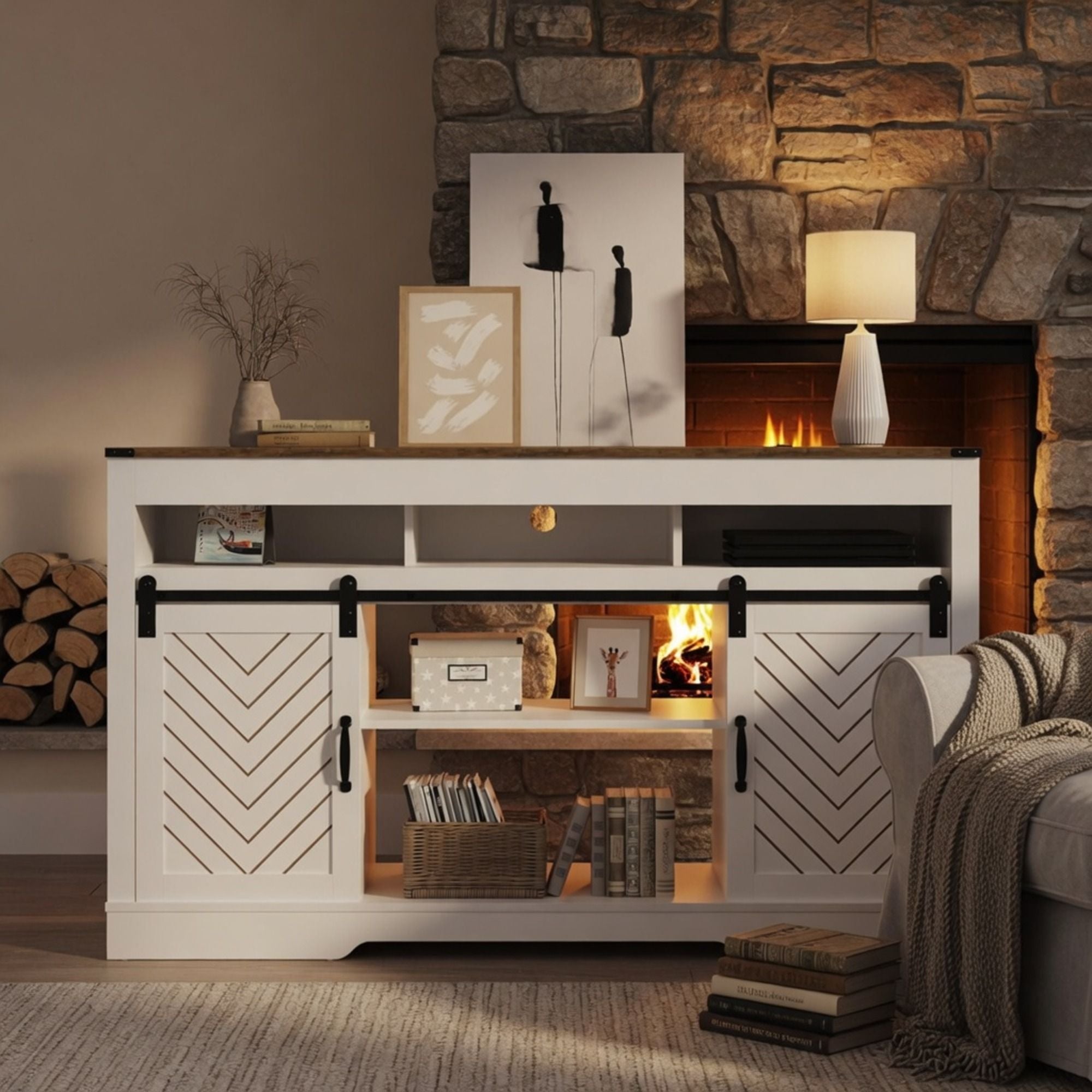 TV Stand With Sliding Barn Doors And Adjustable Storage - White / Oak