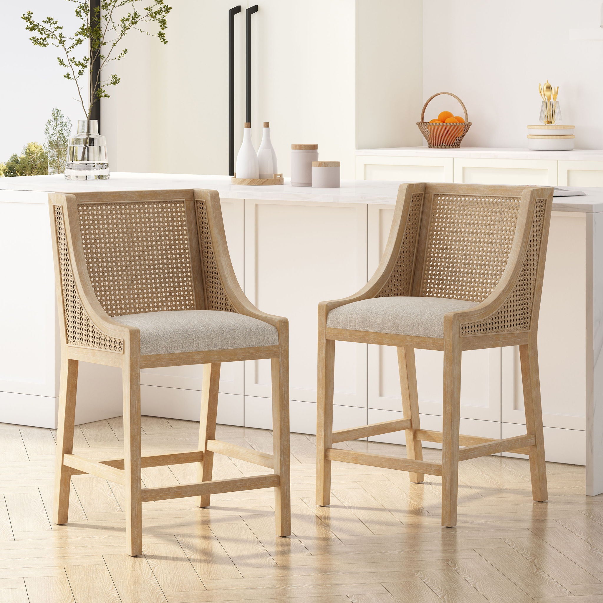 French Country Fabric Upholstered Counter Stools (Set of 2)