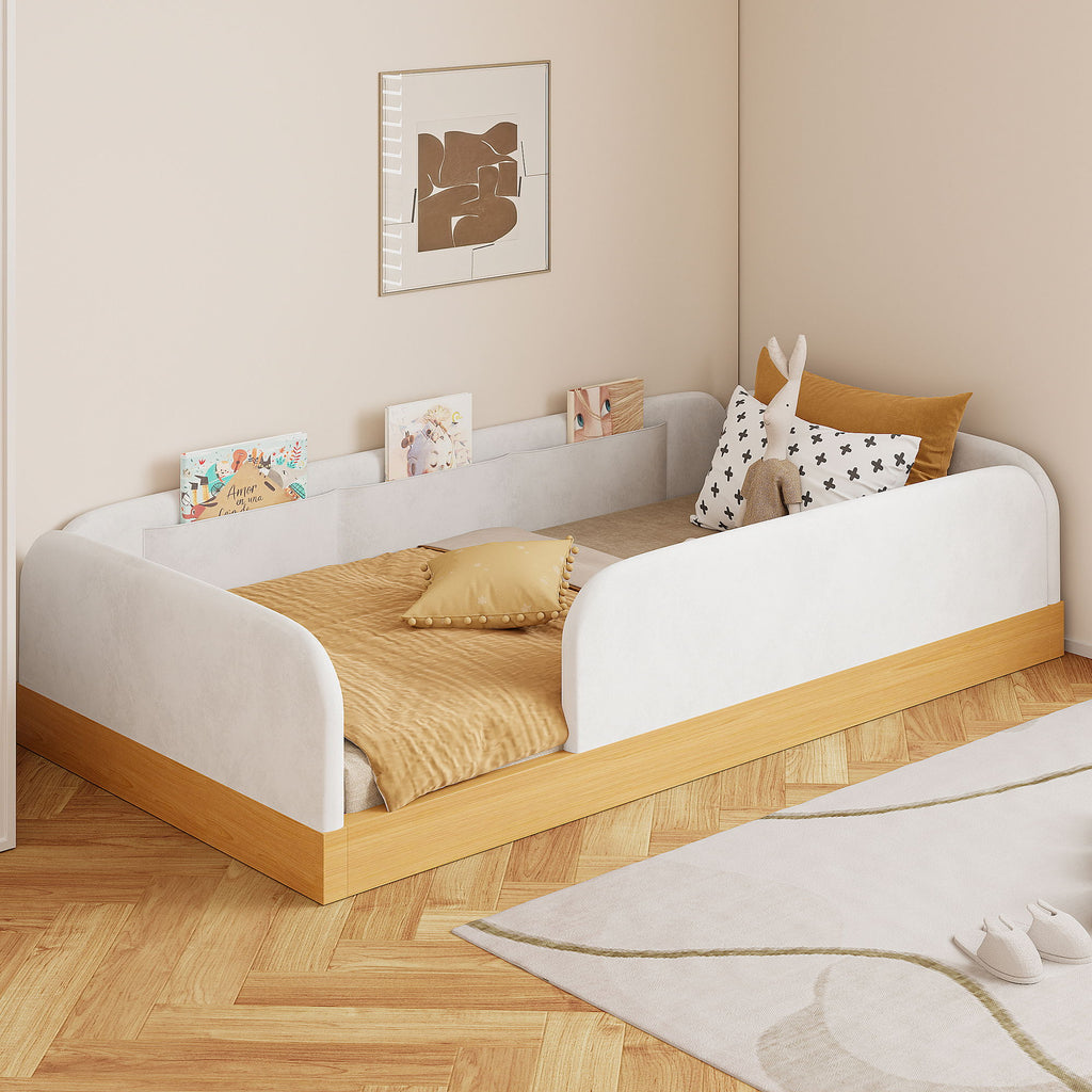 Twin Upholstered Platform Bed With Guardrail And Storage Bags - Natural