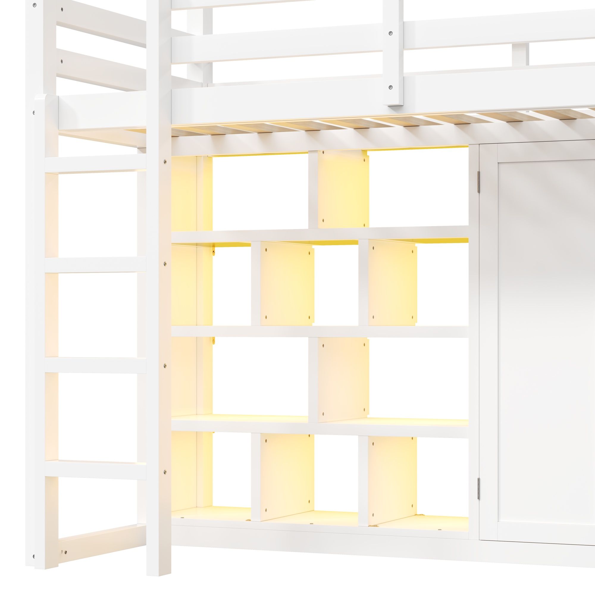 Twin Size Loft Bed With Wardrobe, Storage Shelves, Slide And LED - White