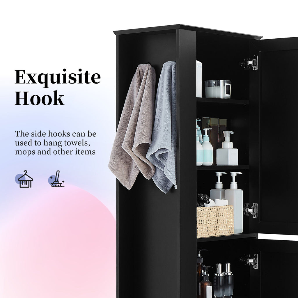 Tall Freestanding Bathroom Storage Cabinet With Adjustable Shelves And Side Hooks