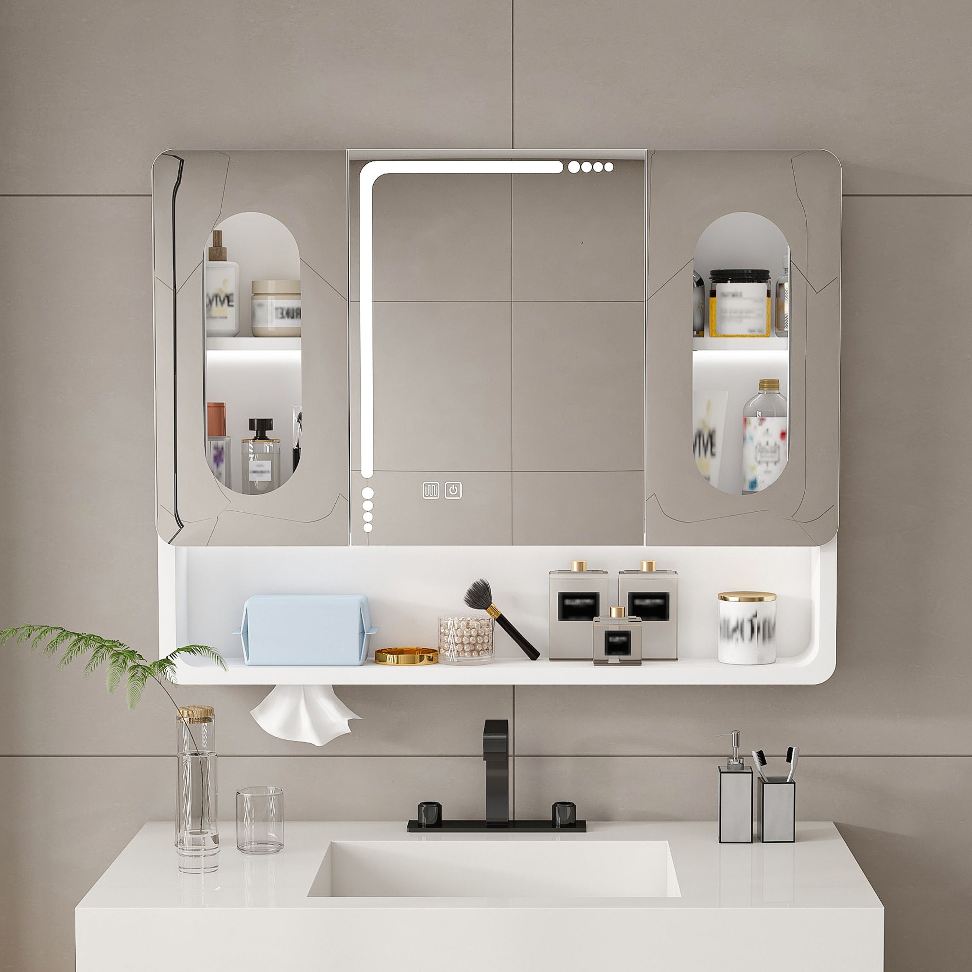 Wall Mounted Bathroom Mirror Cabinet With LED Lights, Anti Fog & Explosion Proof, Touch Control Medicine Cabinet, 3 Color Lighting - White