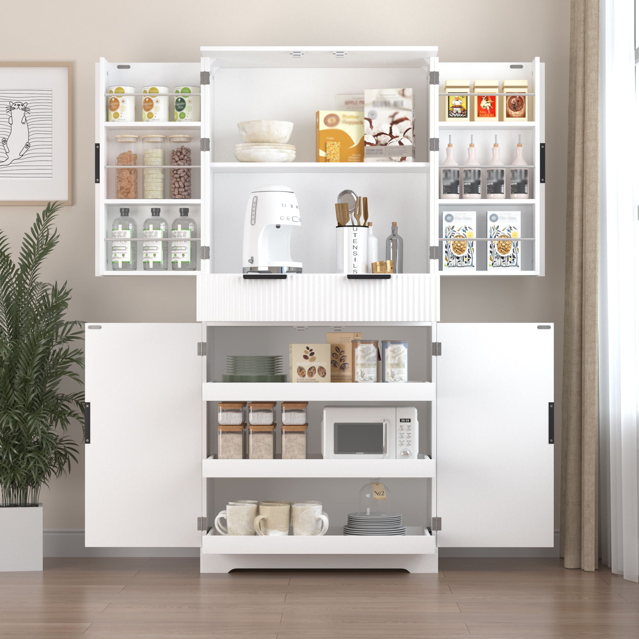Fluted Kitchen Pantry Cabinet With 3 Keyboard Drawers & 6 Adjustable Door Shelves