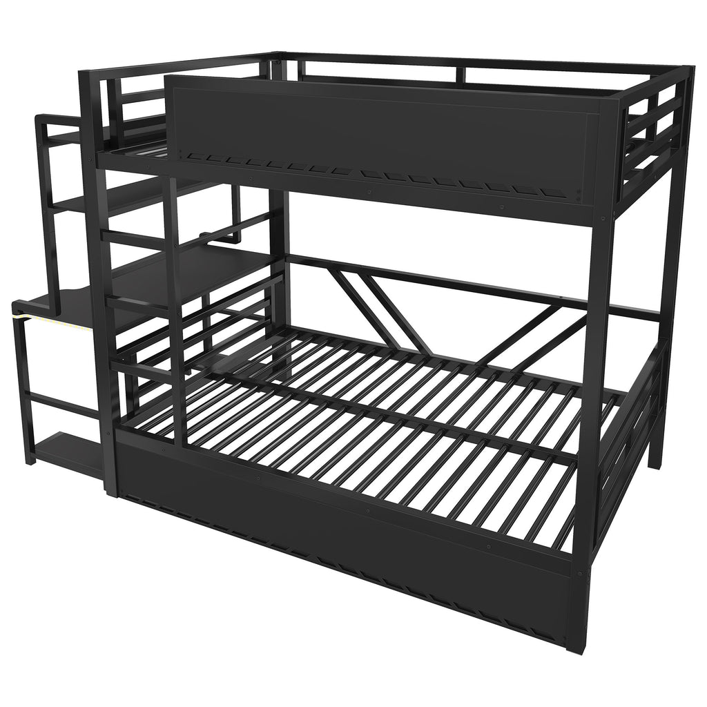 Full Gaming Bunk Bed With Desk, Two Storage Shelves And LED Light - Black