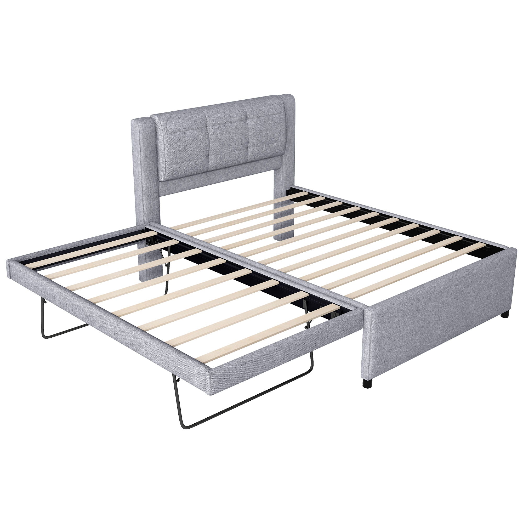 Upholstery Platform Bed With Trundle, Trundle Can Be Flat Or Erected