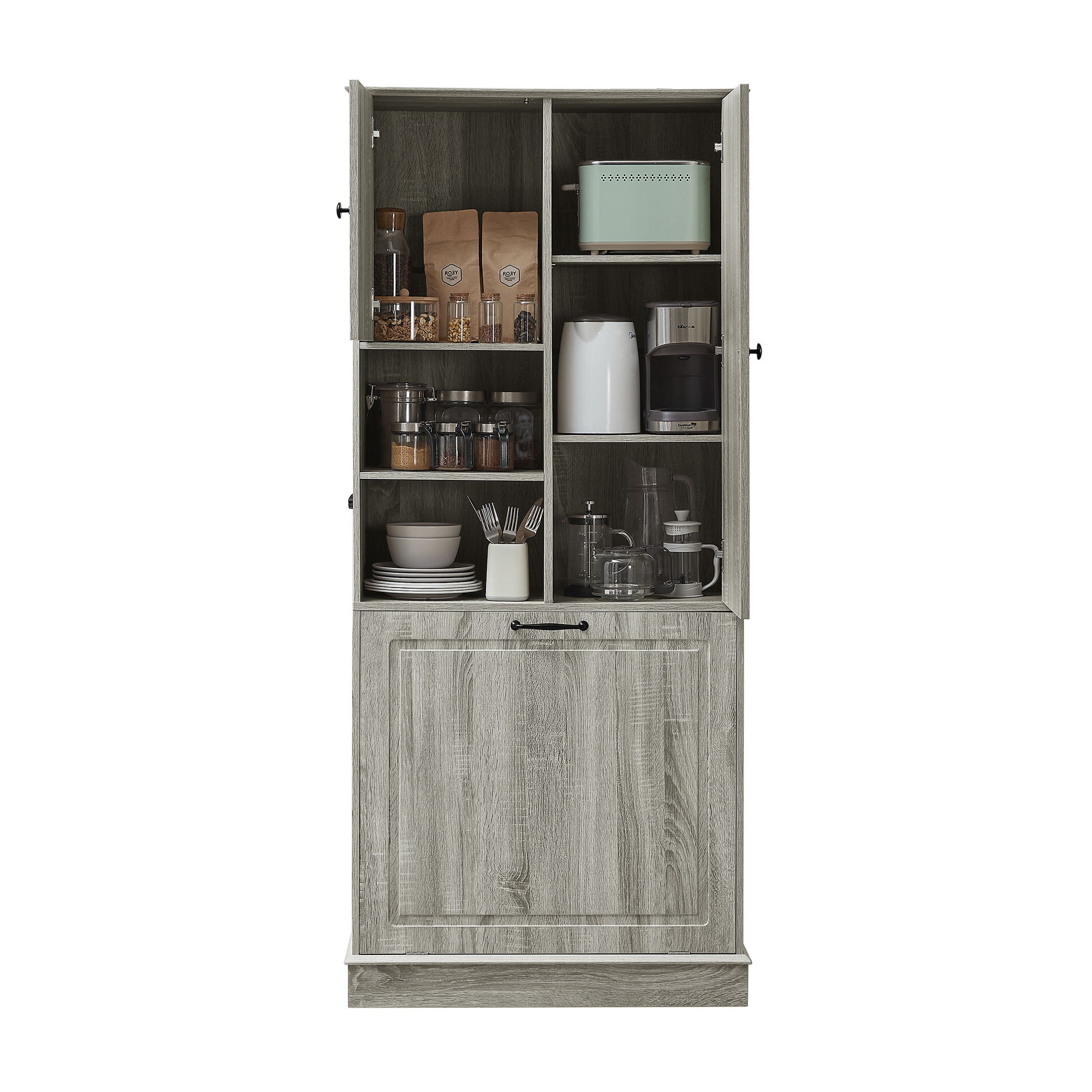 Modern Tall Storage Cabinet With Adjustable Shelves, Flip-Out Basket & Enclosed Doors