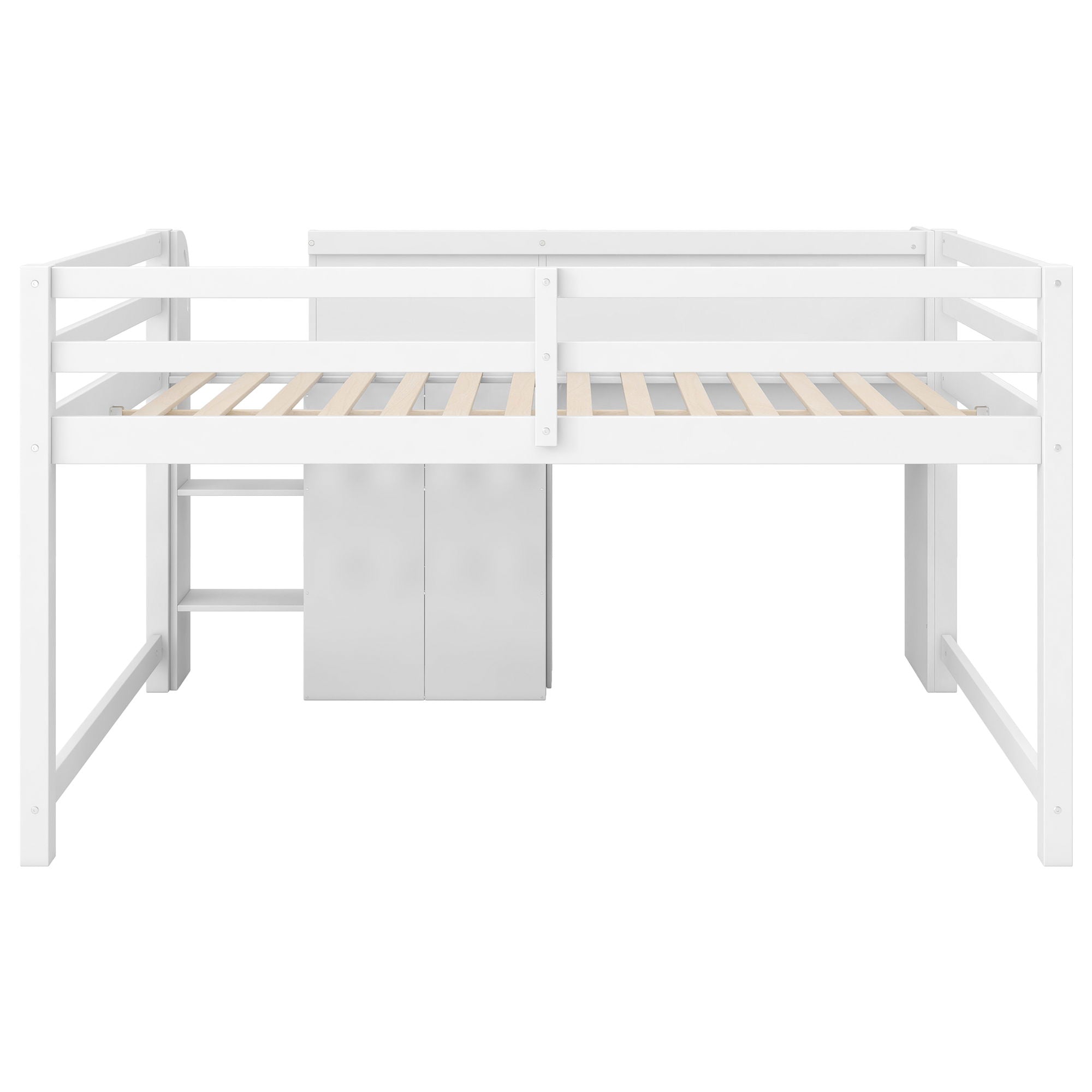 Low Loft Bed With Built In Desk, Storage Cabinets, Open Bookcase And Doodle board