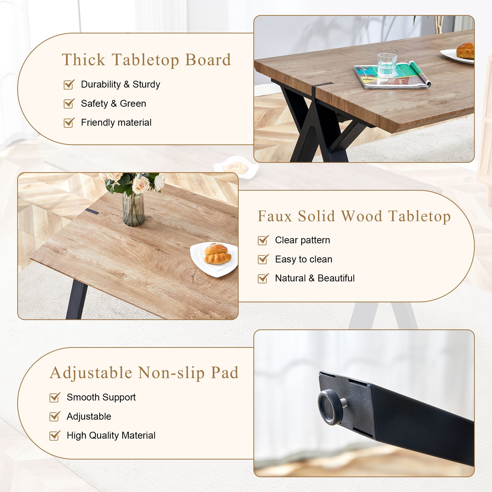 Wood Textured Dining Table With A Frame Legs.Density Board Sticker Pipe Spraying, Suitable For Various Occasions Such As Living Rooms - Black