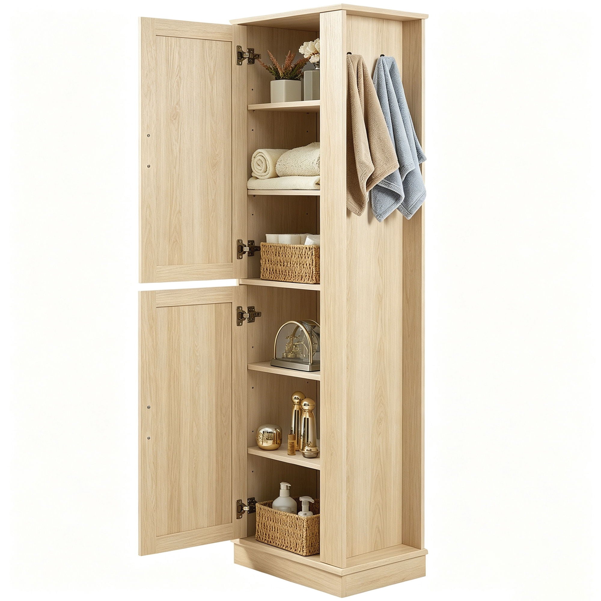 Tall Freestanding Bathroom Storage Cabinet With Adjustable Shelves And Side Hooks