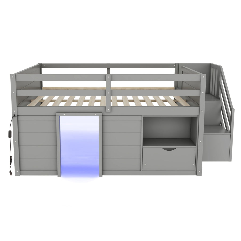 Low Loft Bed Frame With Built In Stairs, Storage Drawer, Shelf And 7 Color LED Light