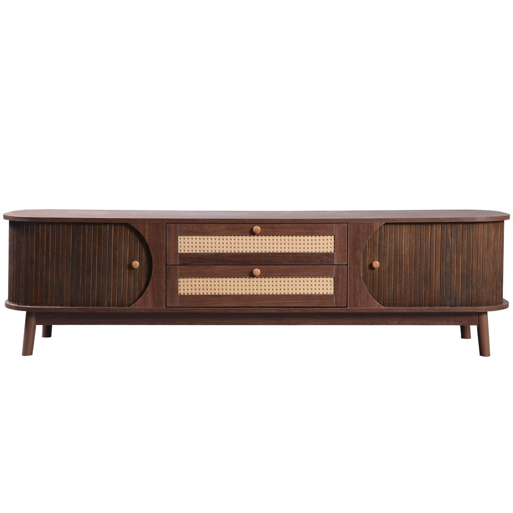 TV Stand For TVs Up To 75'', Cabinet With Drawers And Sliding Doors, Living Room Entertainment Console - Natural Wood / Brown