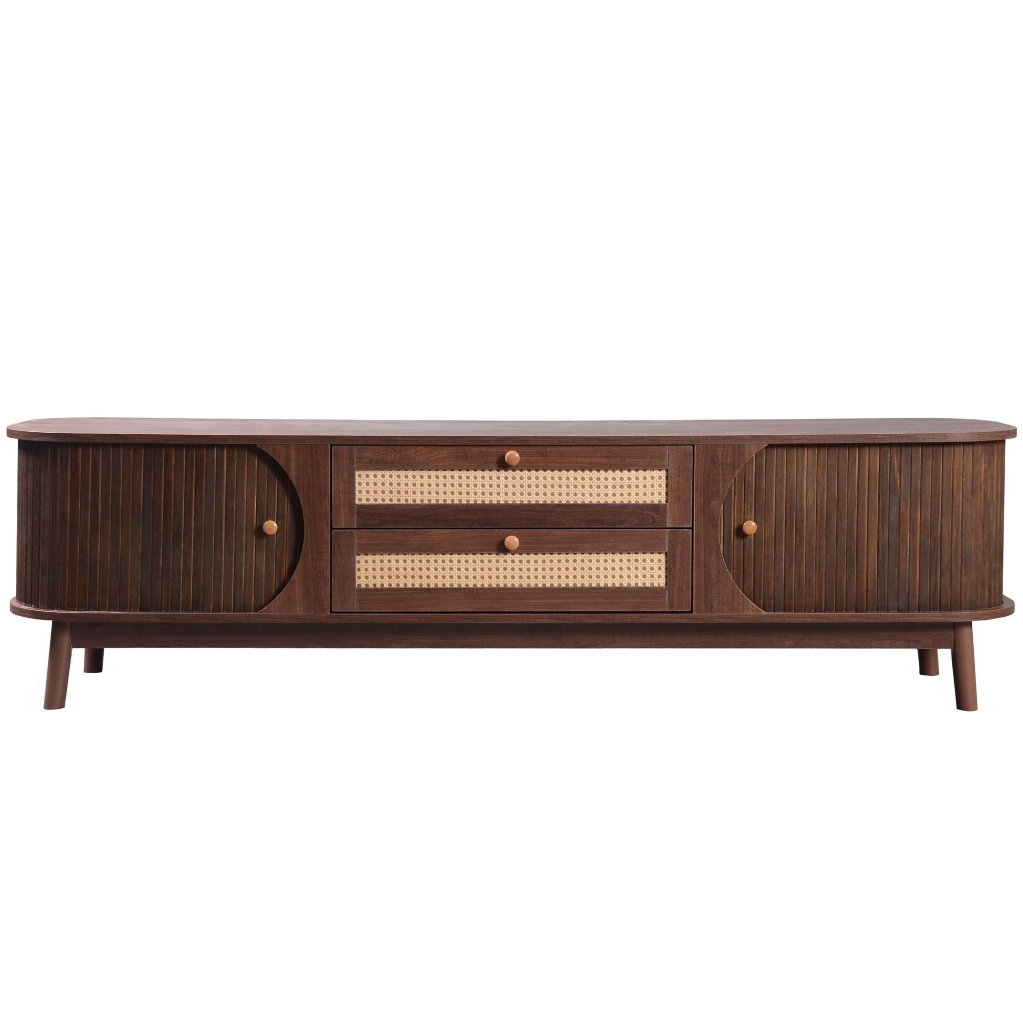 TV Stand For TVs Up To 75'', Cabinet With Drawers And Sliding Doors, Living Room Entertainment Console - Natural Wood / Brown