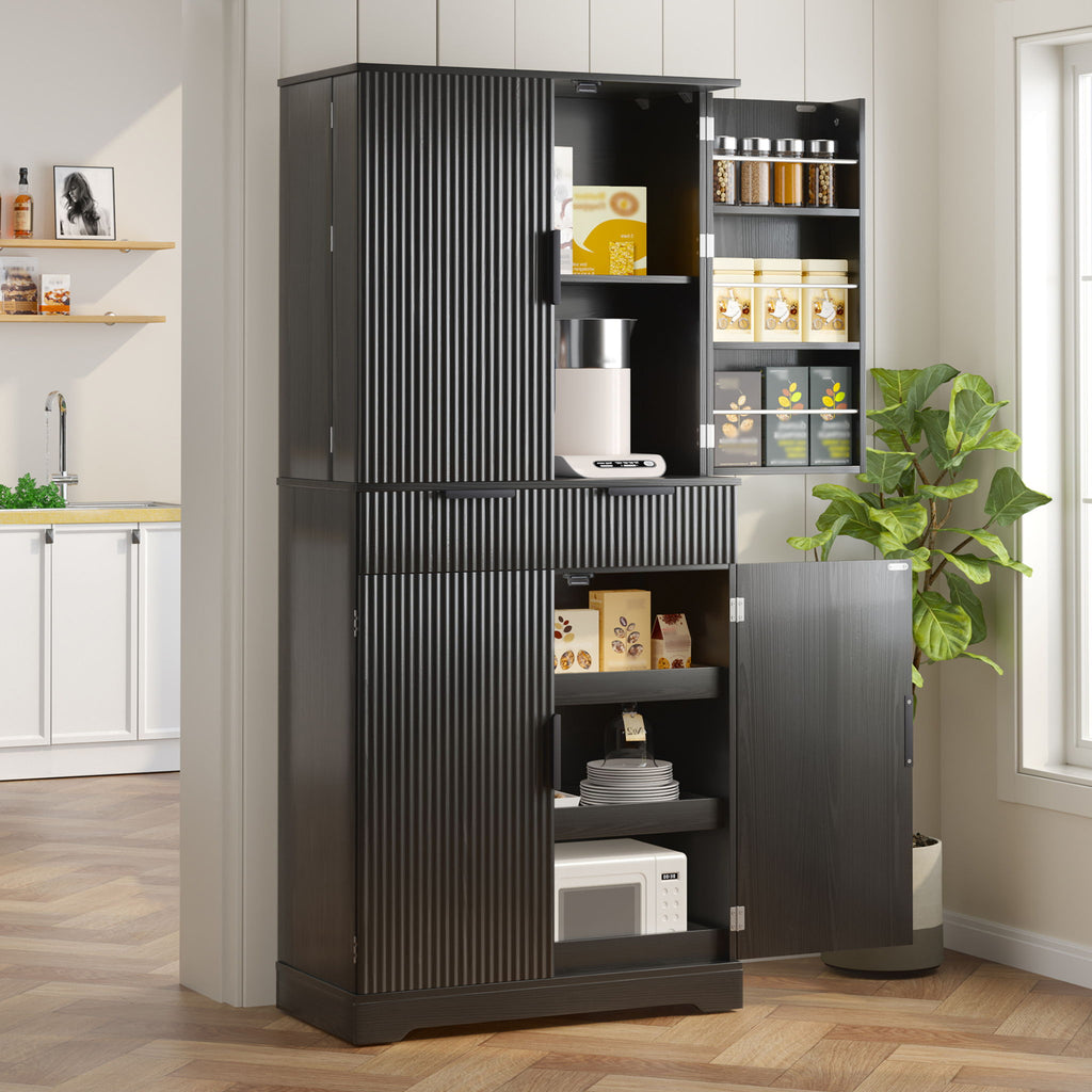 Fluted Kitchen Pantry Cabinet With 3 Keyboard Drawers & 6 Adjustable Door Shelves