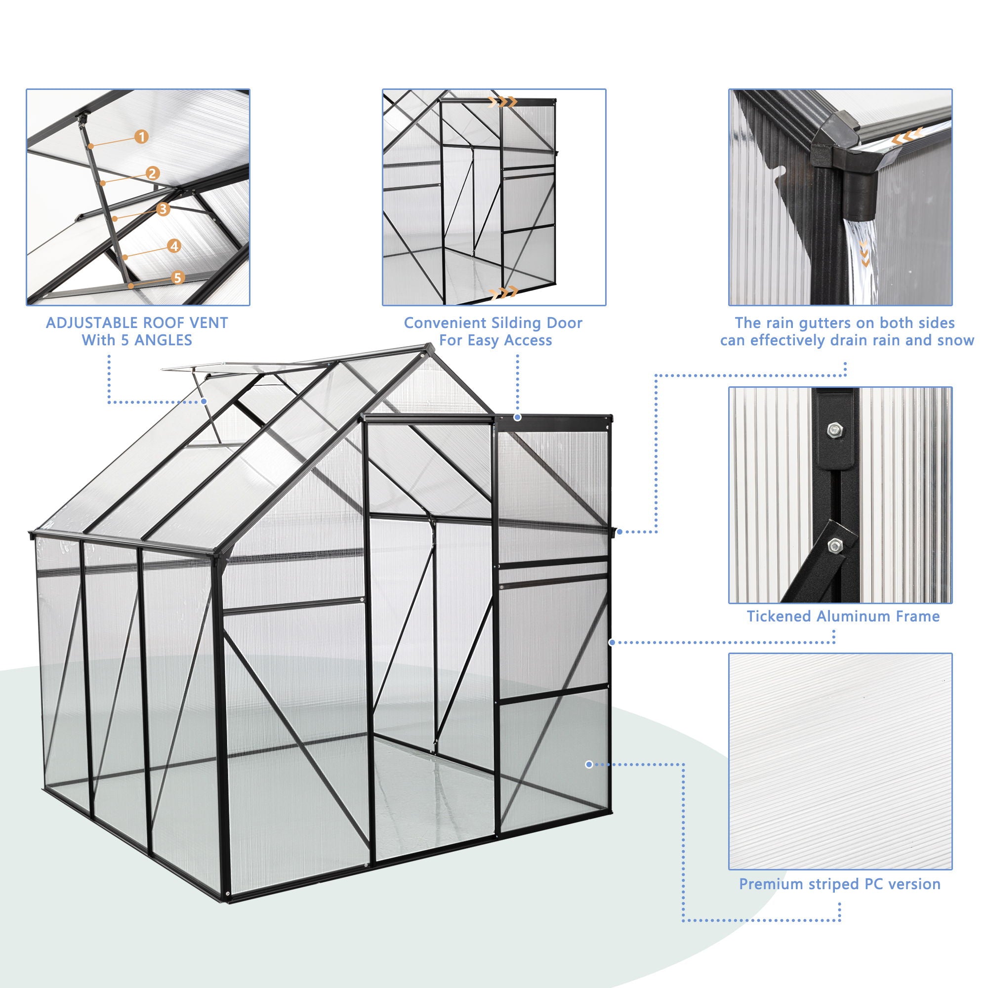 Polycarbonate house Raised Base And Anchor Aluminum Heavy Duty Walk-In houses For Outdoor Backyard In All Season