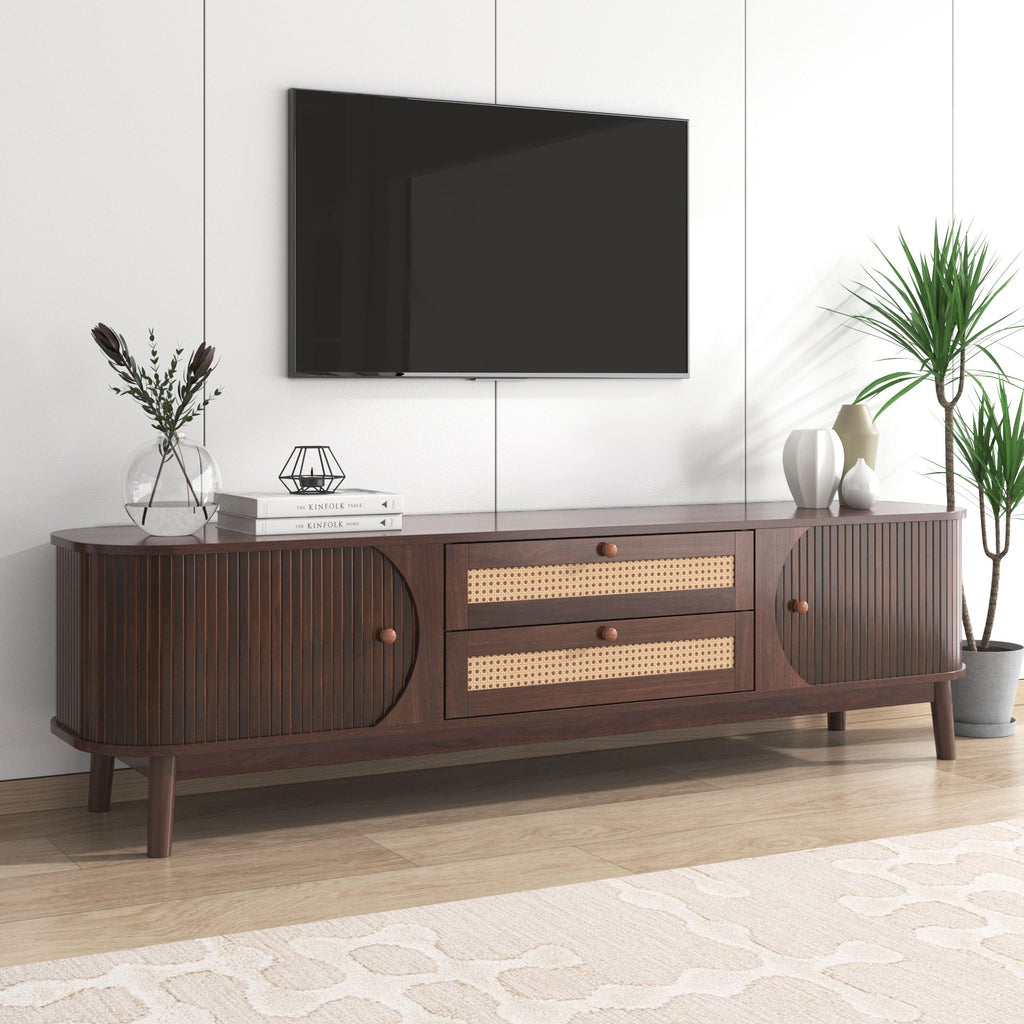 TV Stand For TVs Up To 75'', Cabinet With Drawers And Sliding Doors, Living Room Entertainment Console - Natural Wood / Brown