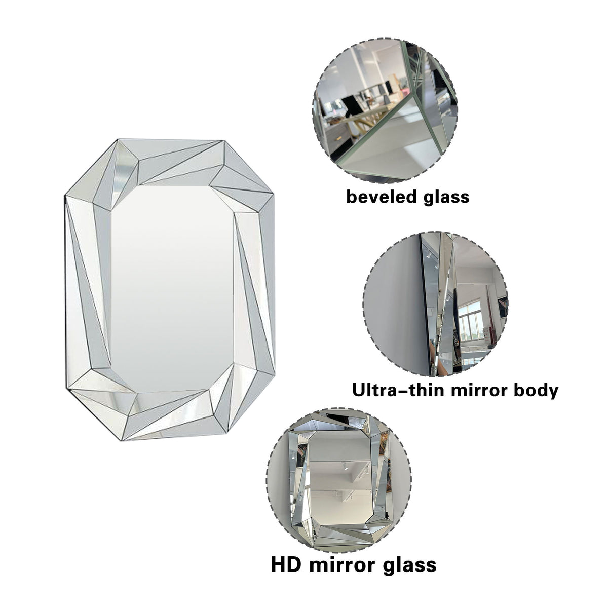 Diamond Shaped Wall Mirror With Beveled Edge Frameless Design - Silver