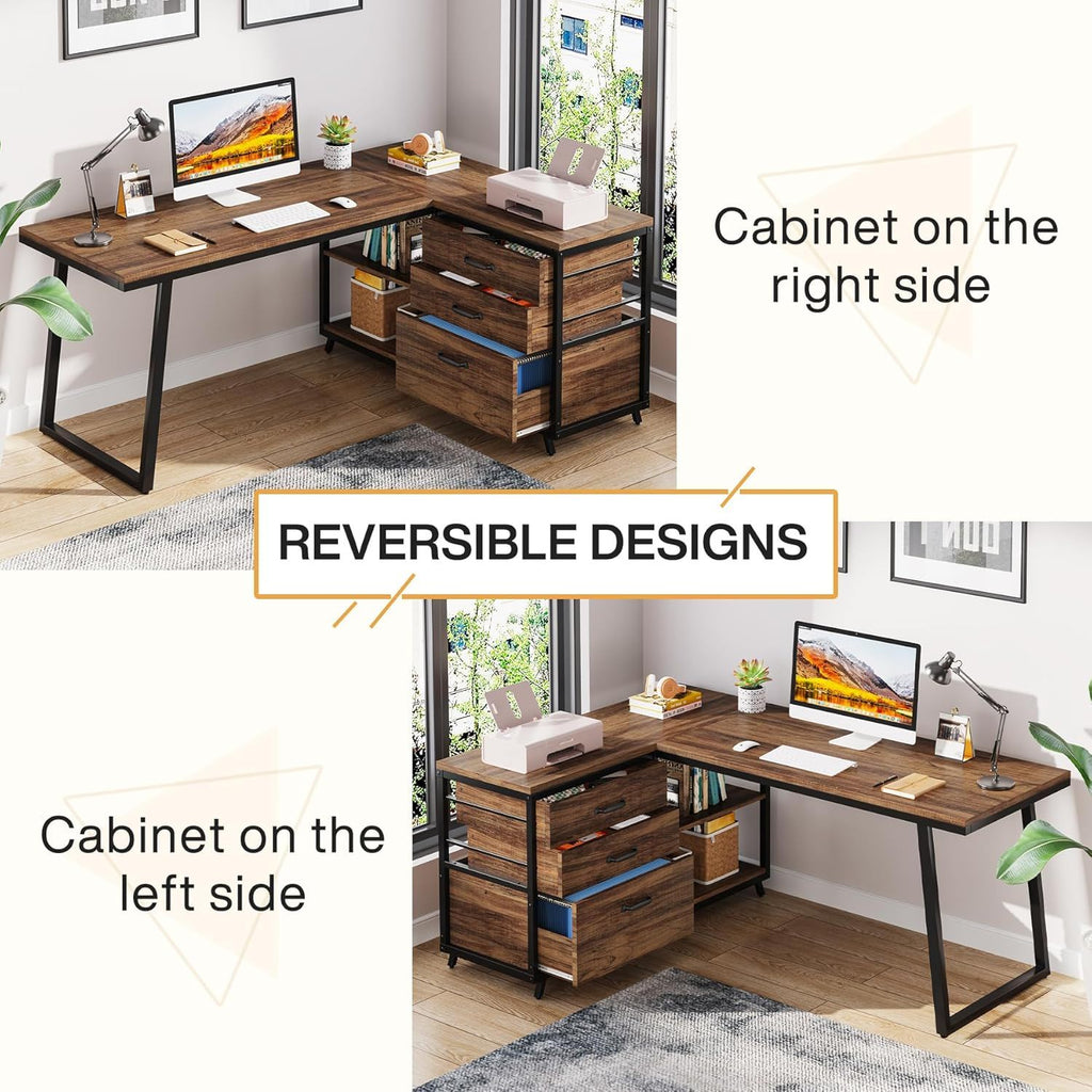 L-Shaped Computer Desk With 3 Drawers And Storage Shelves, Reversible Corner Workstation For Small Rooms - Brown / Black