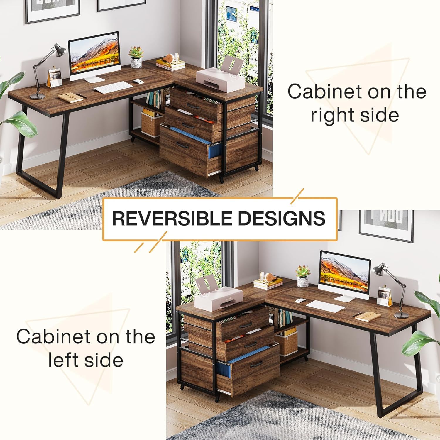 L-Shaped Computer Desk With 3 Drawers And Storage Shelves, Reversible Corner Workstation For Small Rooms - Brown / Black