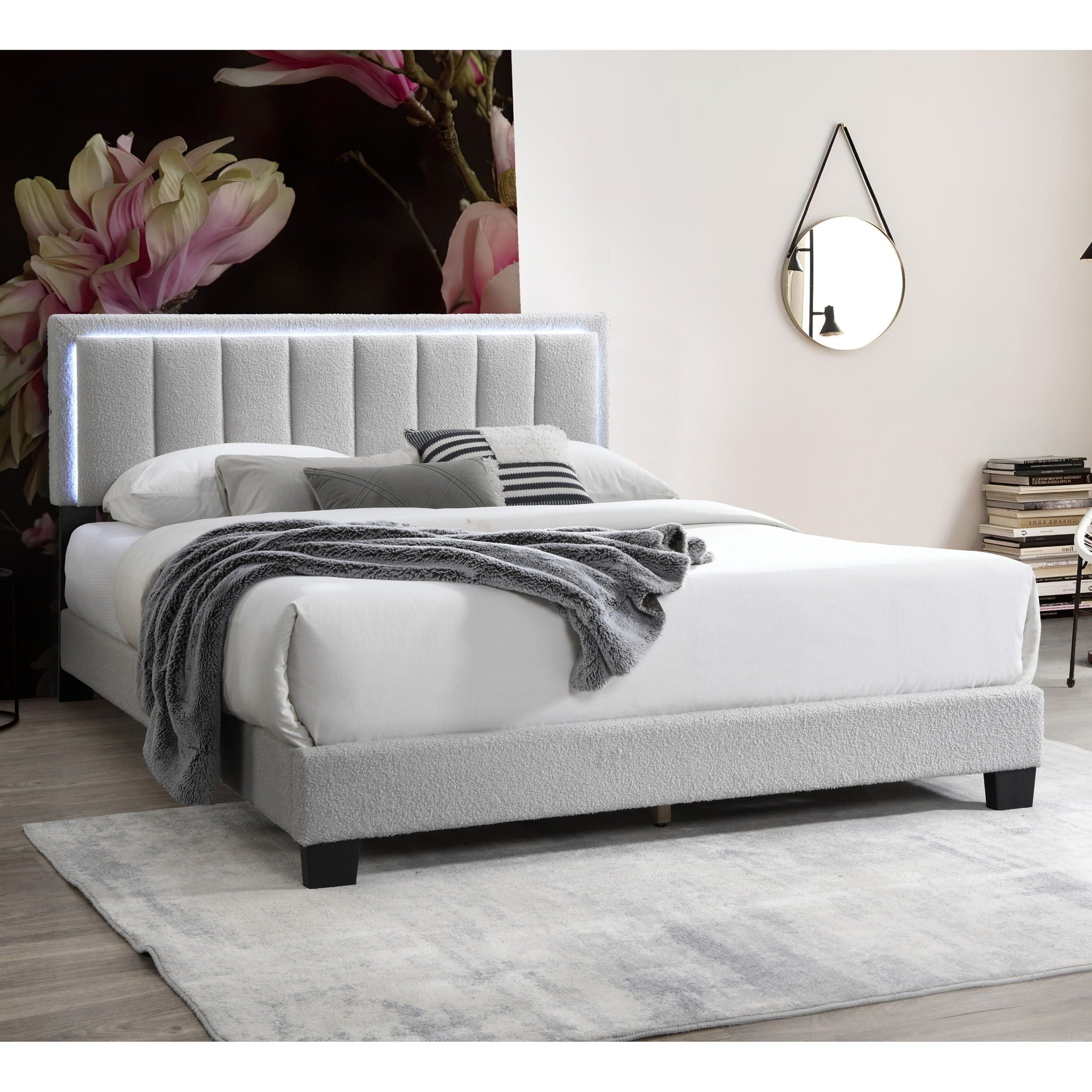Queen Upholstered Bed With LED - Light Gray