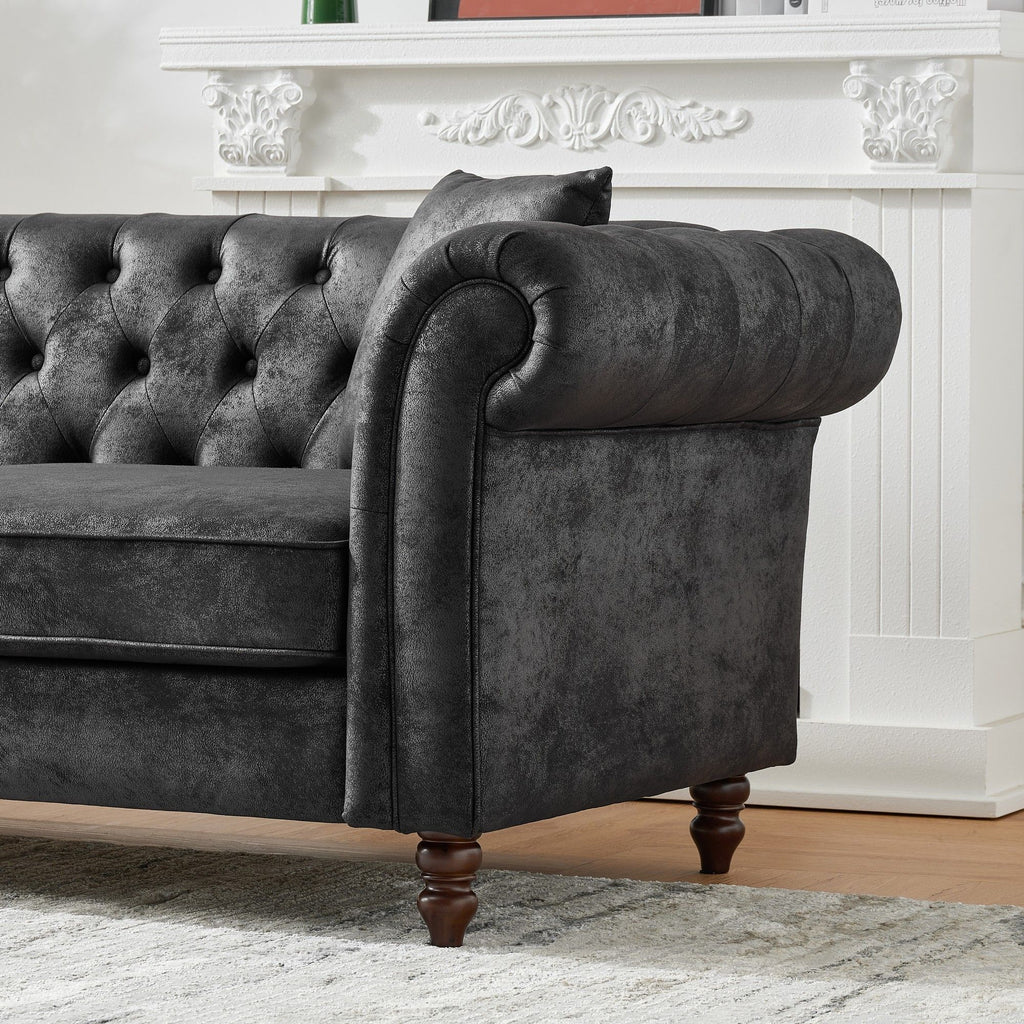 Chesterfield Sofa, High Tech Fabric Roll Armrest, 3 Seater Couch - Black