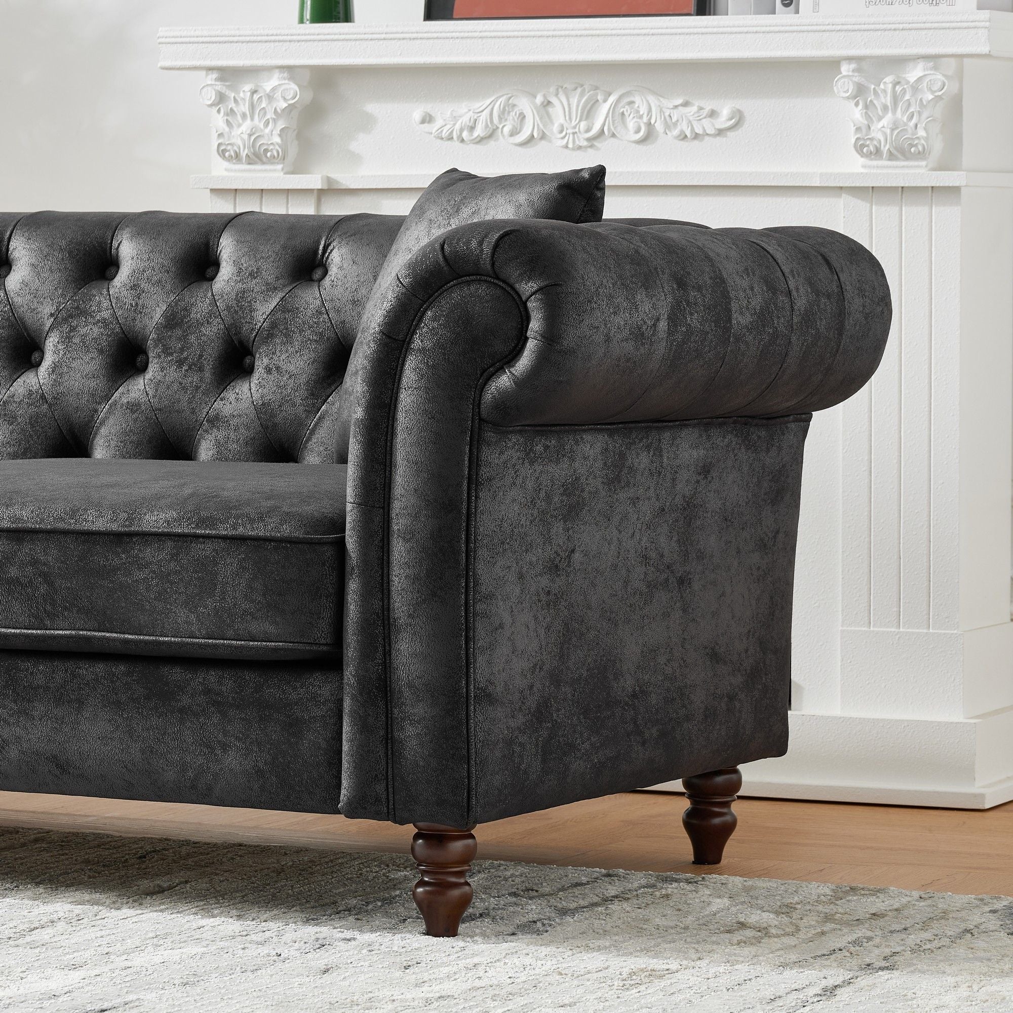 Chesterfield Sofa, High Tech Fabric Roll Armrest, 3 Seater Couch - Black