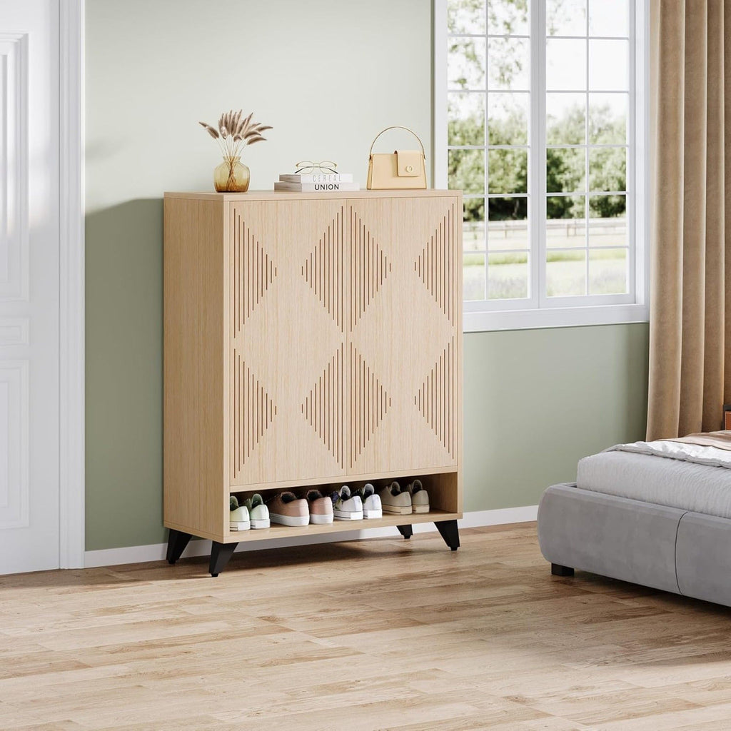 6 Tier Shoe Cabinet With Doors, Handle Free Push To Open Storage Unit For Entryway - Natural