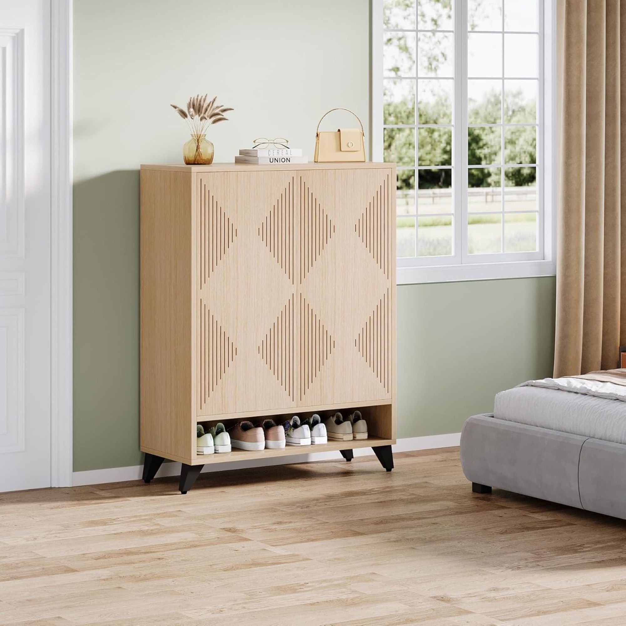 6 Tier Shoe Cabinet With Doors, Handle Free Push To Open Storage Unit For Entryway - Natural