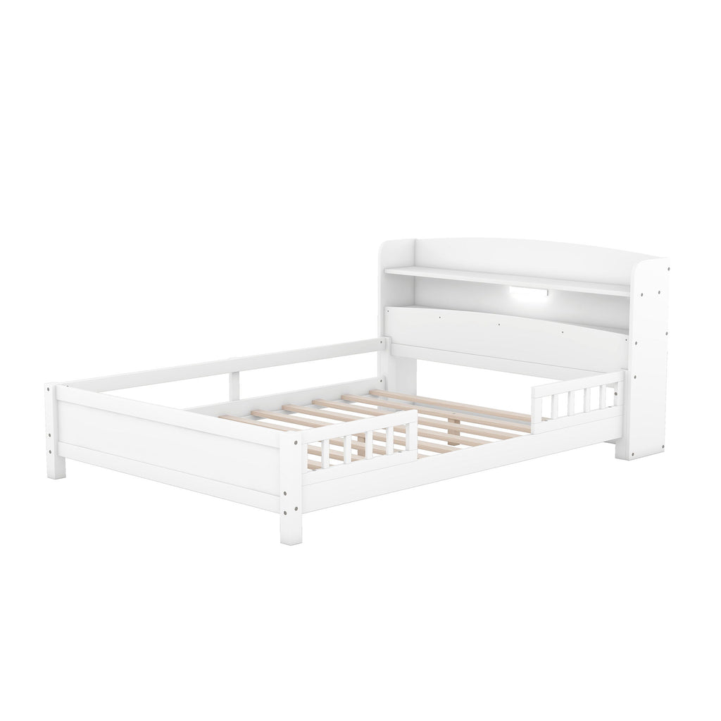 Wood Platform Bed With Built In LED Light, Storage Headboard And Guardrail