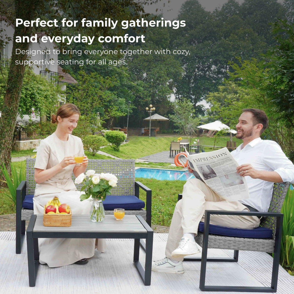4 Piece Patio Furniture Set With Acacia Wood Table Top And Cushions