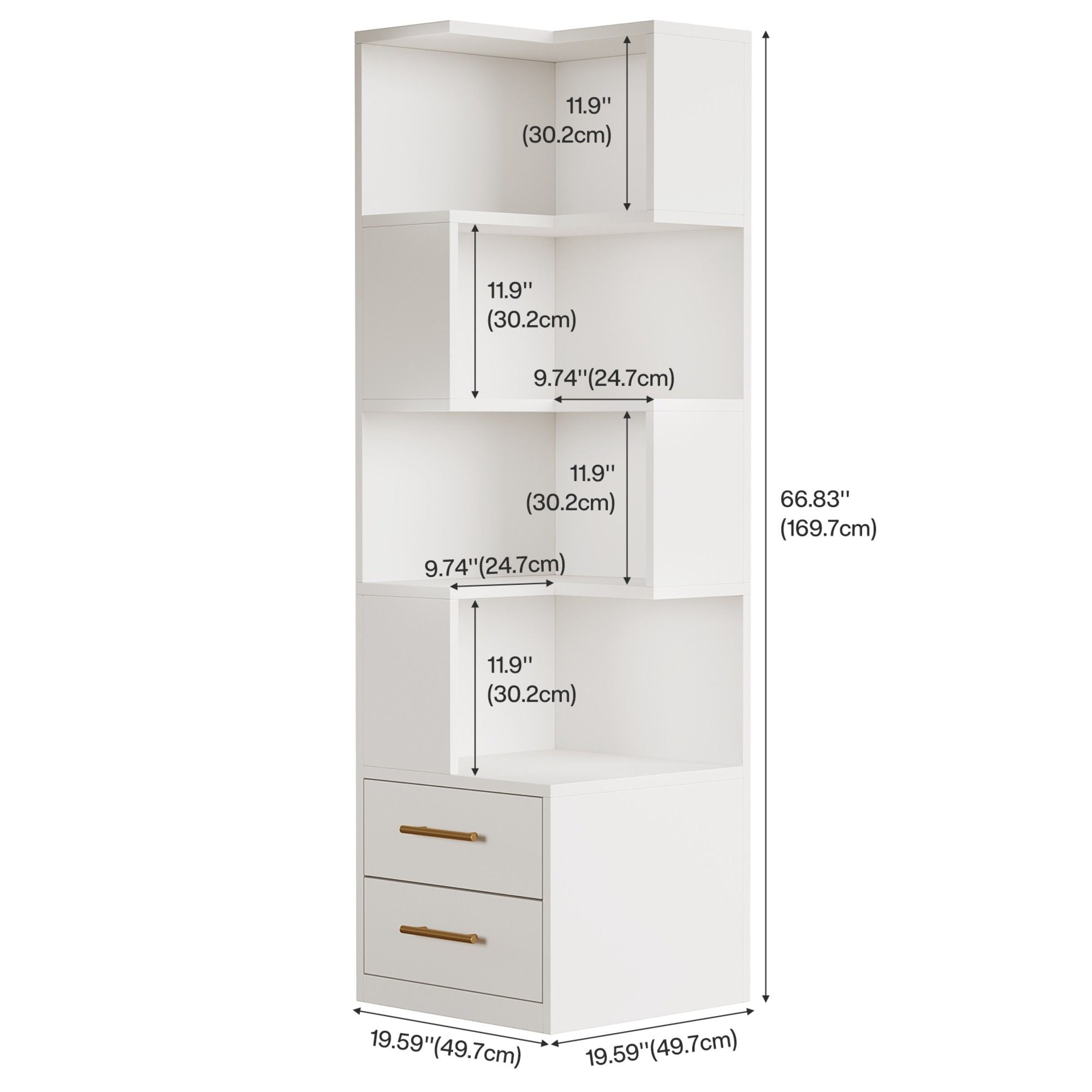 Corner Bookshelf With 2 Drawers, 5 Tier Bookcase For Apartment - White