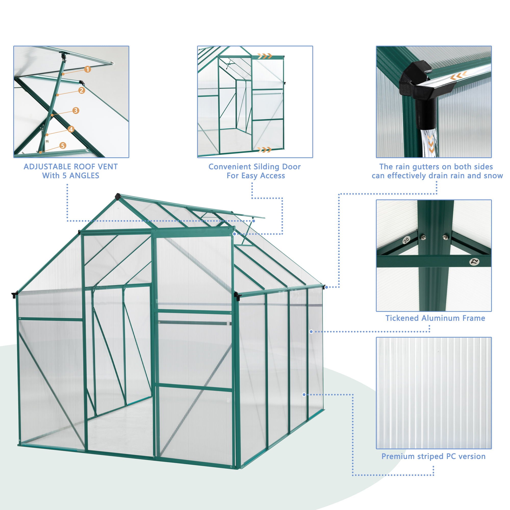 Polycarbonate house Raised Base And Anchor Aluminum Heavy Duty Walk-In houses For Outdoor Backyard In All Season