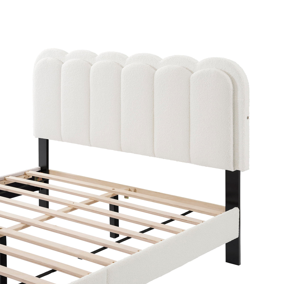 Queen Size Lambswool Petal Headboard Bed Frame With Ambient Light - White