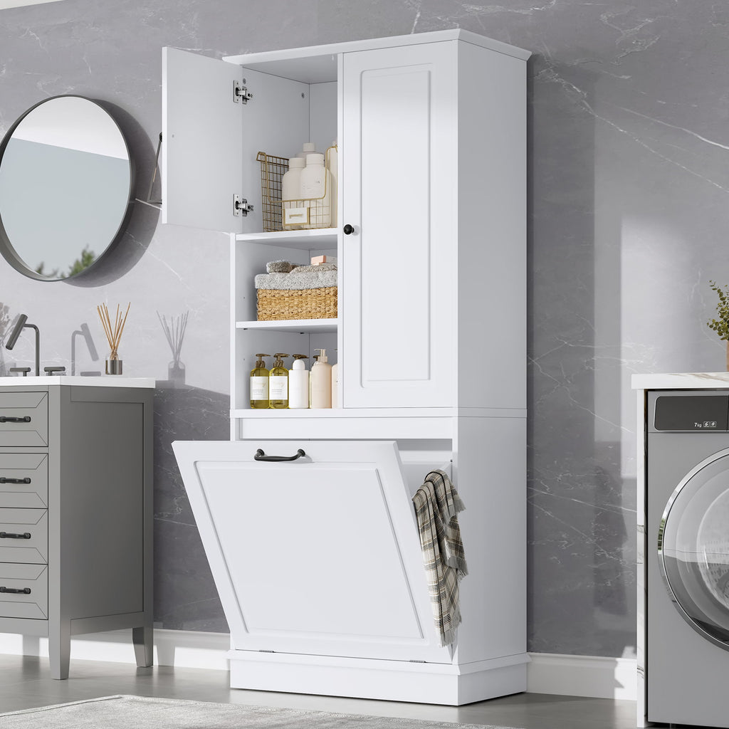 Modern Tall Storage Cabinet With Adjustable Shelves, Flip-Out Basket & Enclosed Doors