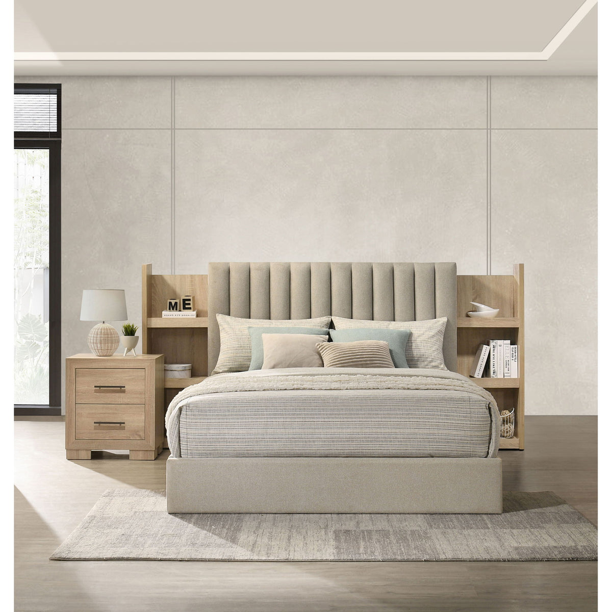 Merritt - Queen Bookcase Storage Bed With Tufted Headboard - Light Oak / Light Tan