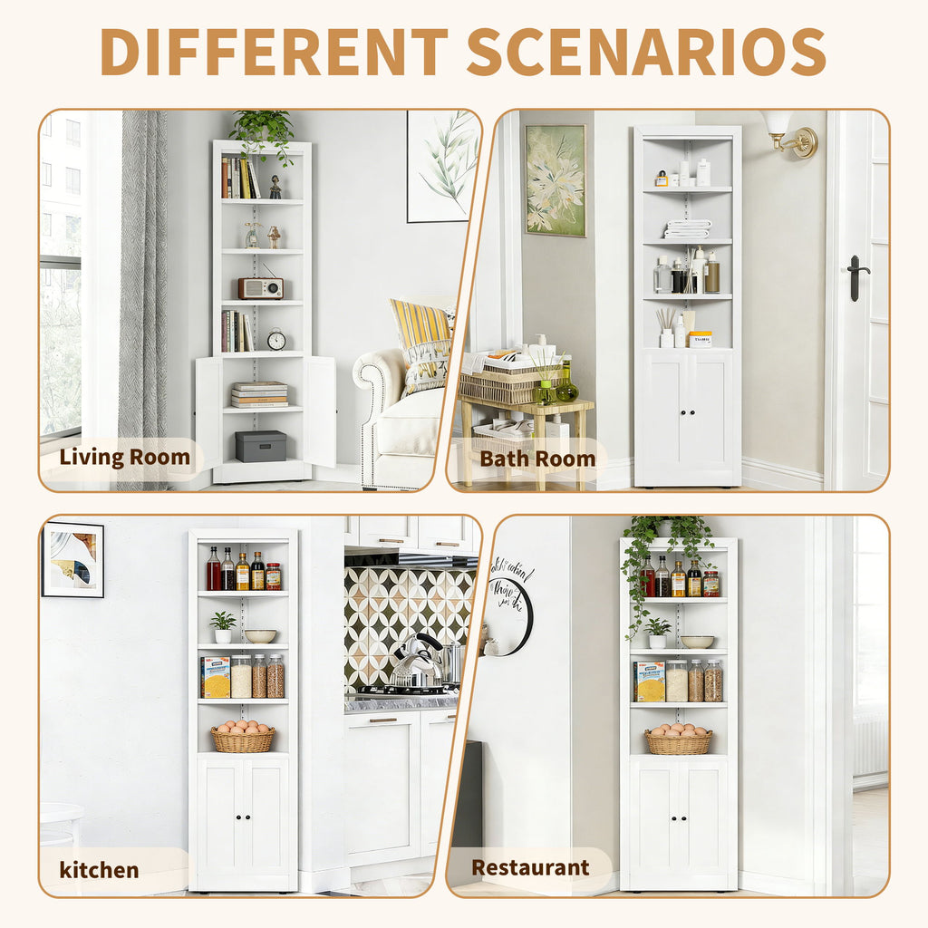 Tall Corner Storage Cabinet With 2 Doors, 5-Tier With Adjustable Shelve, Freestanding - White
