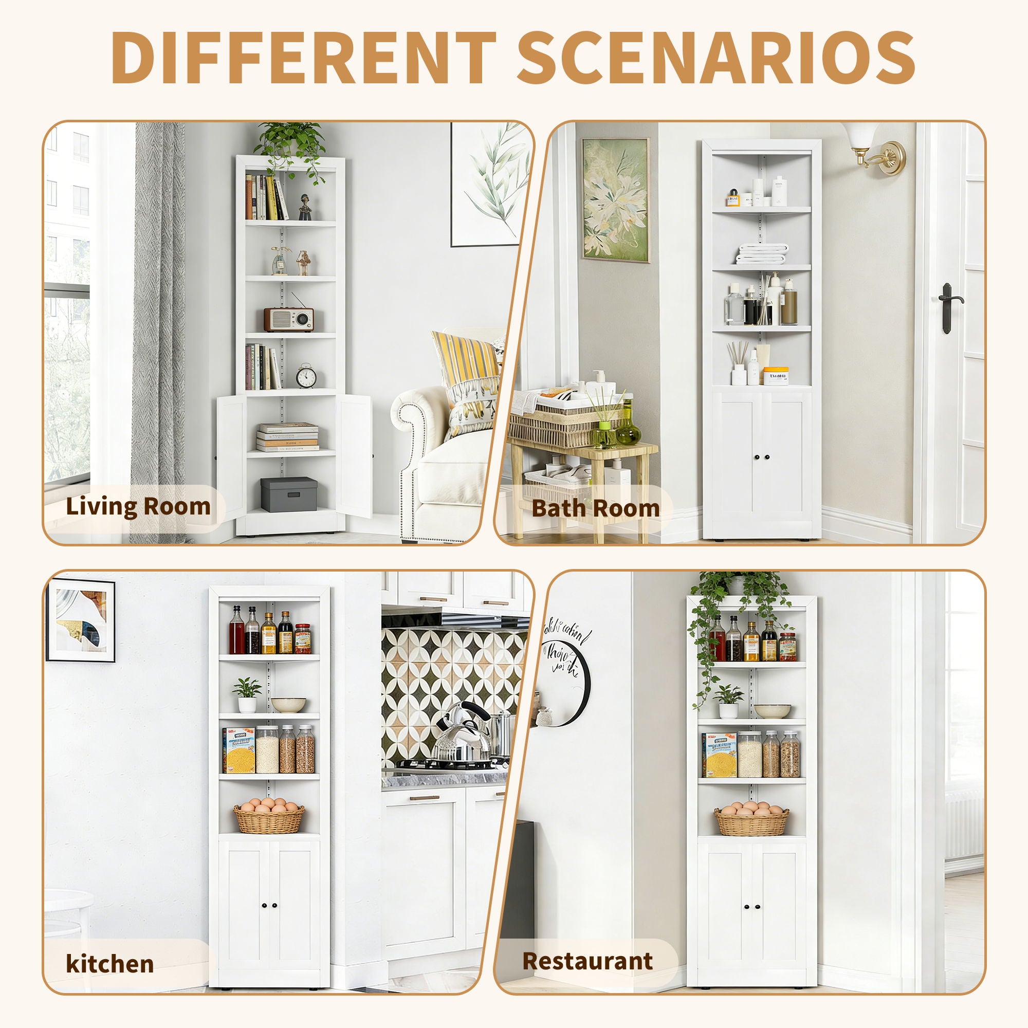 Tall Corner Storage Cabinet With 2 Doors, 5-Tier With Adjustable Shelve, Freestanding - White