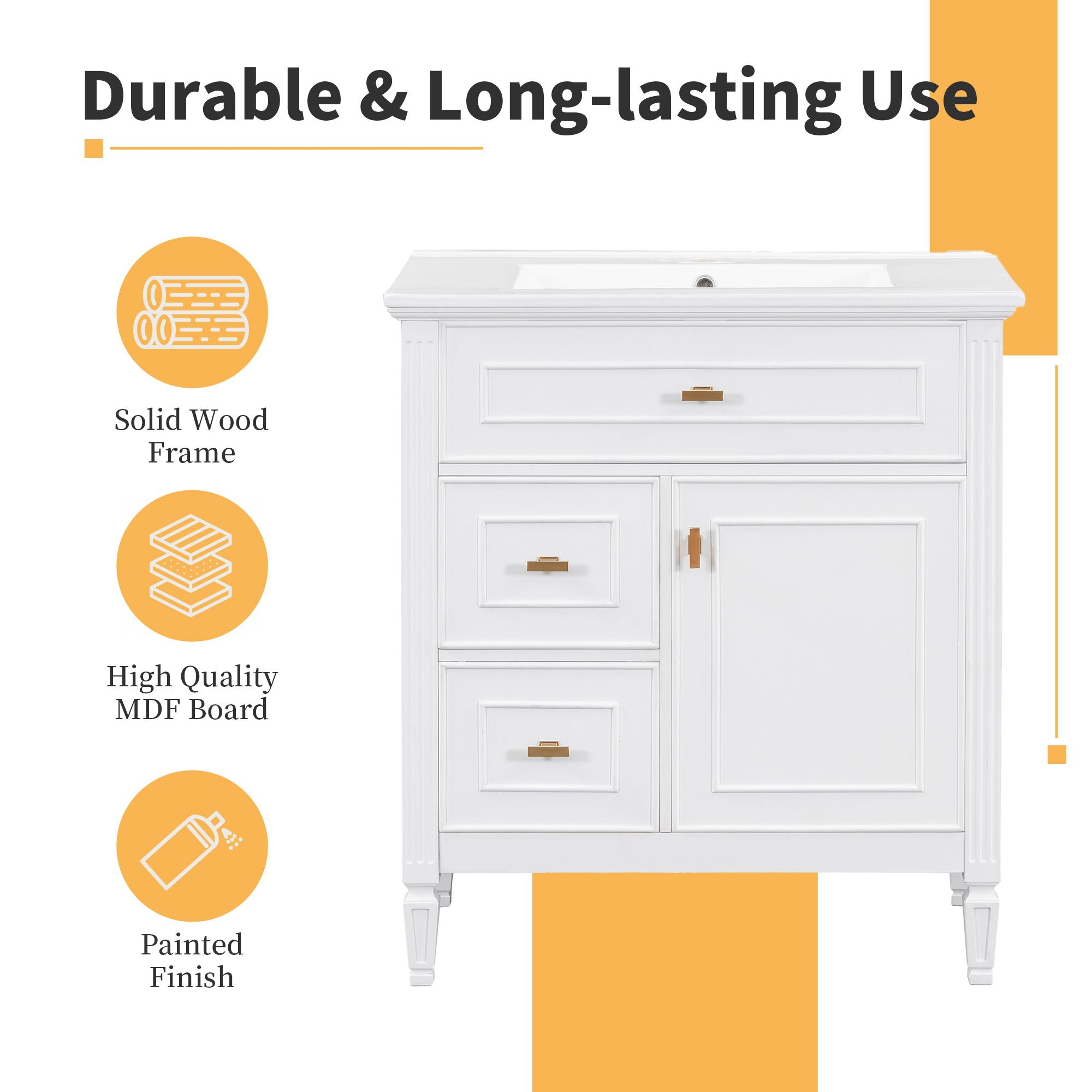 Modern Bathroom Vanity With Sink, 1 Flip Drawer And 2 Drawers, Adjustable Shelf