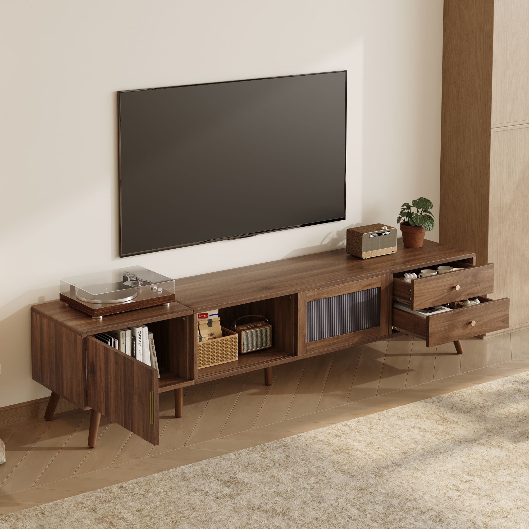 Doors TV Stand For TVs Up To 85", Entertainment Center With Storage Cabinets, TV Media Console Table For Living Room - Natural