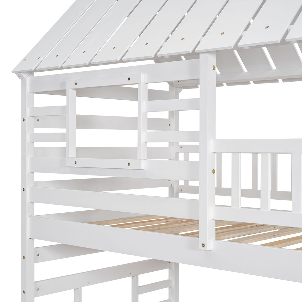 House Bunk Bed With Trundle, Storage Staircase, Roof And Window Design