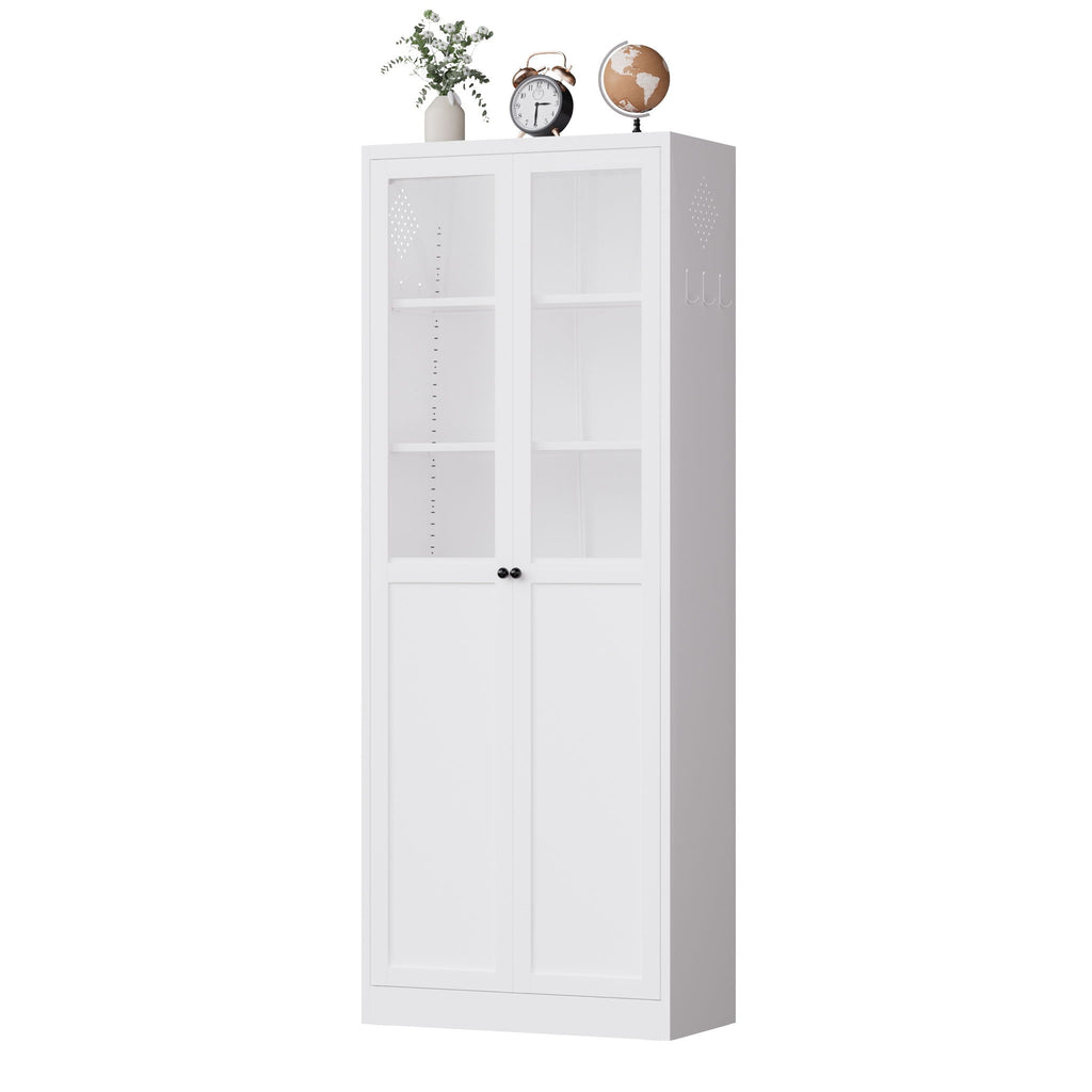 Tall Metal Kitchen Pantry Cabinet With Adjustable Shelves And Silent Magnetic Doors - White