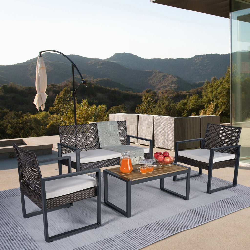 4 Piece Patio Furniture Set With Acacia Wood Table Top And Cushions
