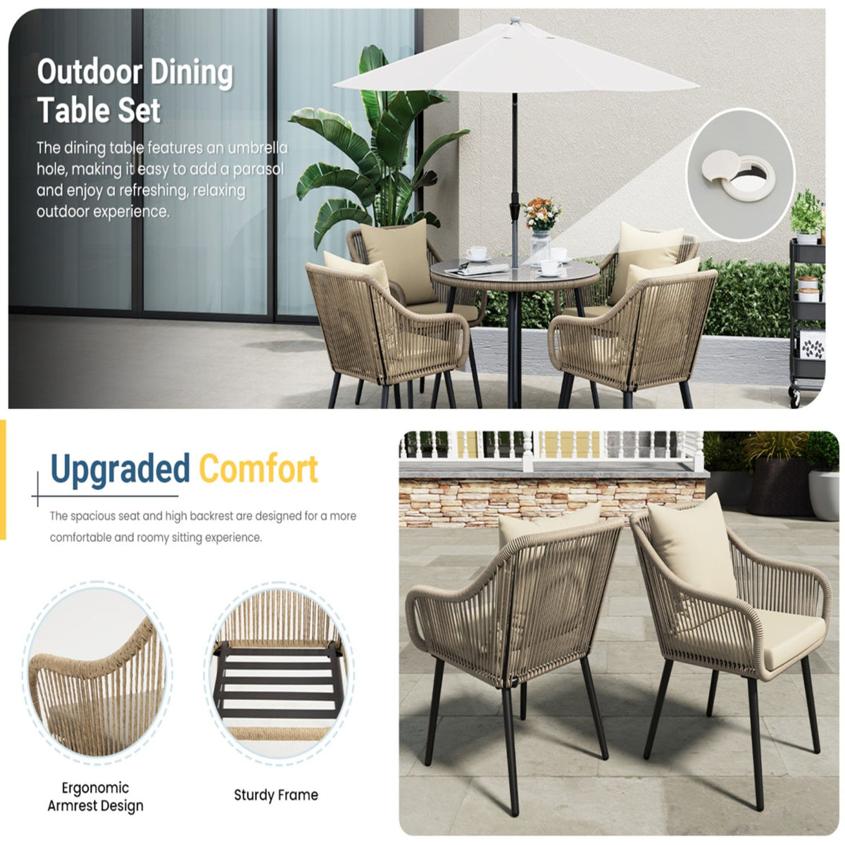5 Piece Twisted Rattan Patio Dining Set With Table