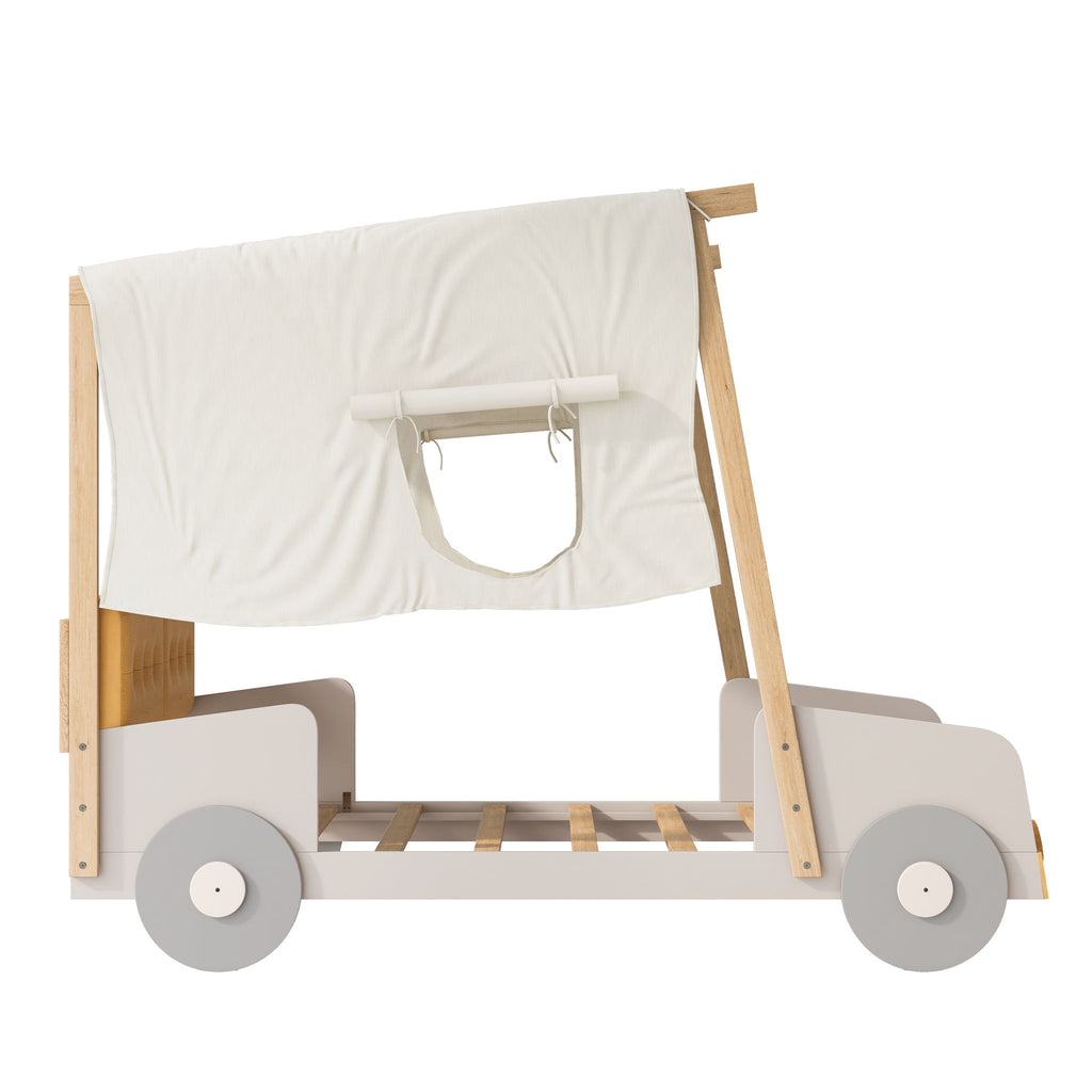 Twin Size Car Bed With Pillow, Ceiling Cloth And LED - Natural