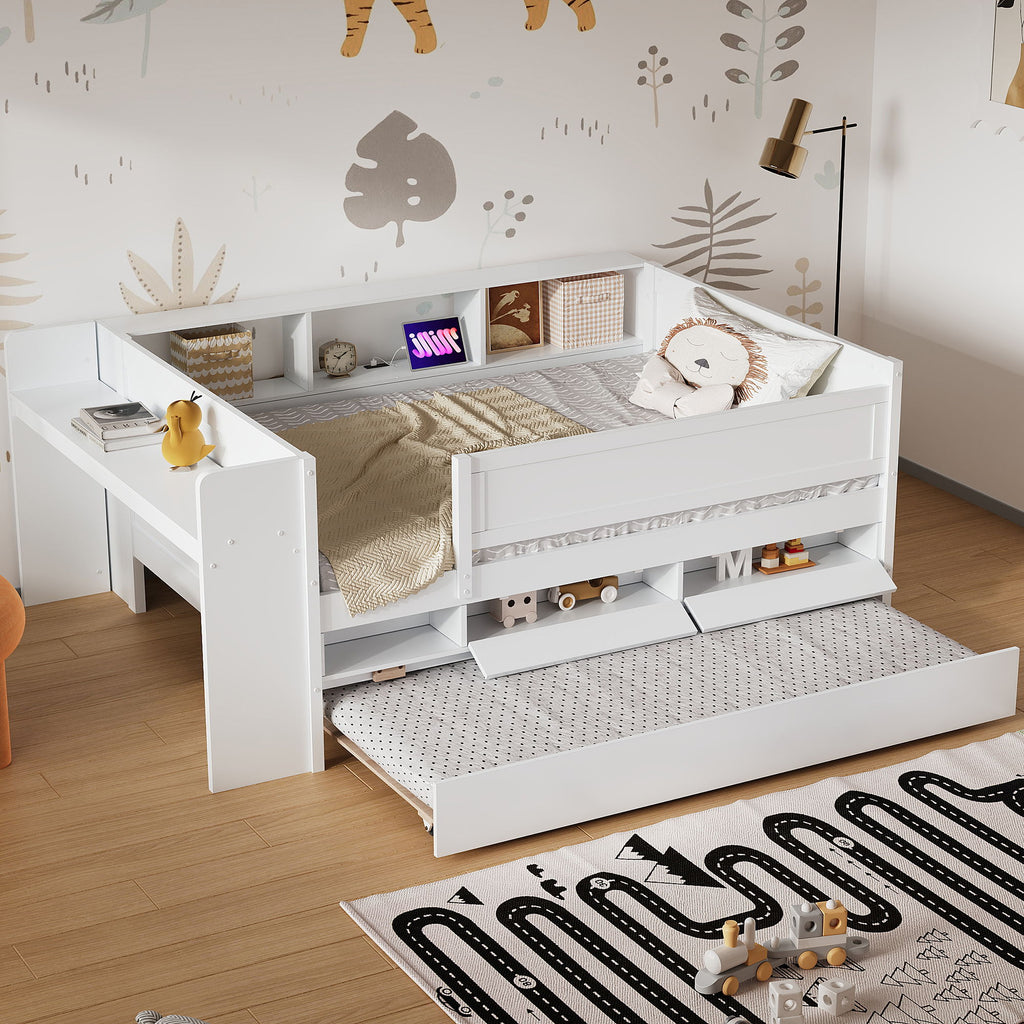 Twin Daybed With Drawers, Trundle, Headboard Storage, Study Desk, And USB Charging Station - White