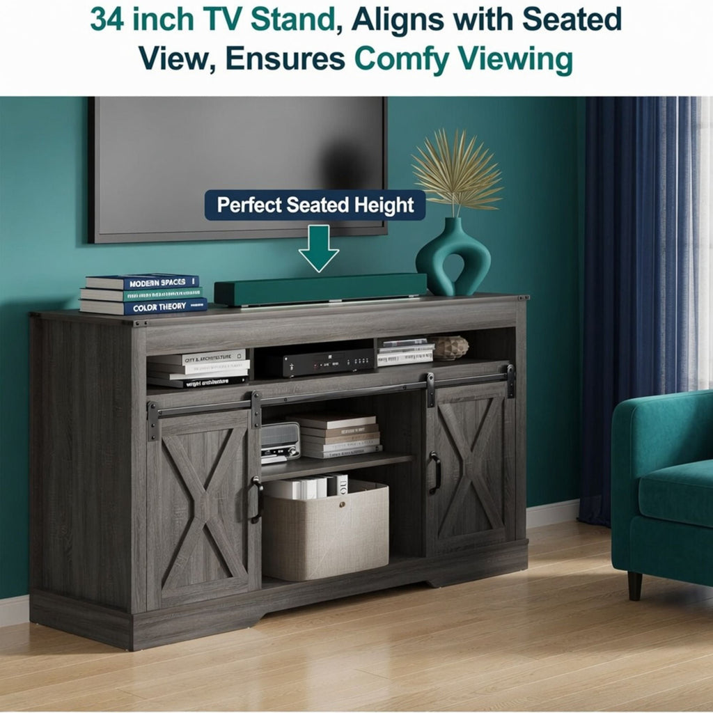 Farmhouse TV Stand With Sliding Barn Doors & Adjustable Storage