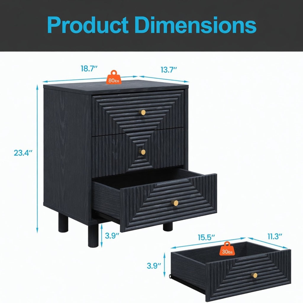 3 Drawer Nightstand - Black - Wood