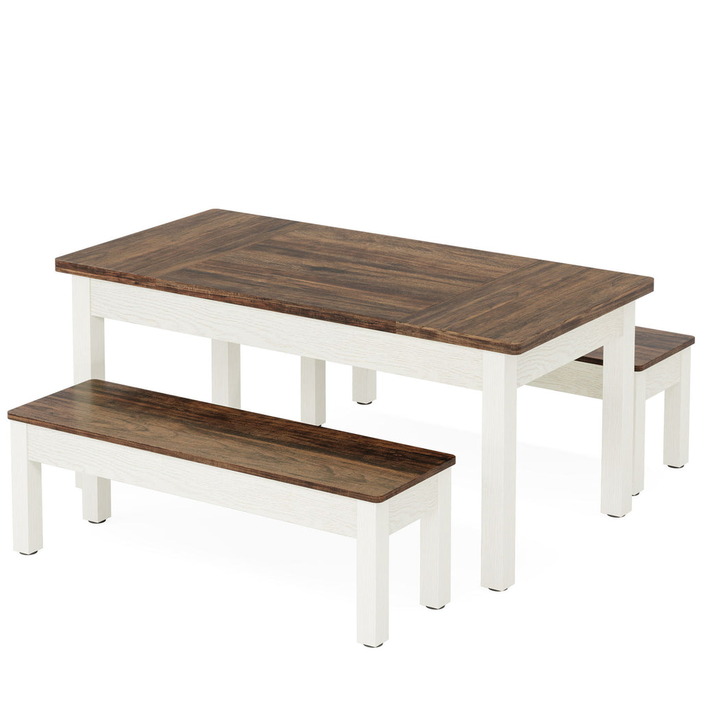Dining Table Set For 4 - 6 With 2 Tuck Under Benches - Brown / White