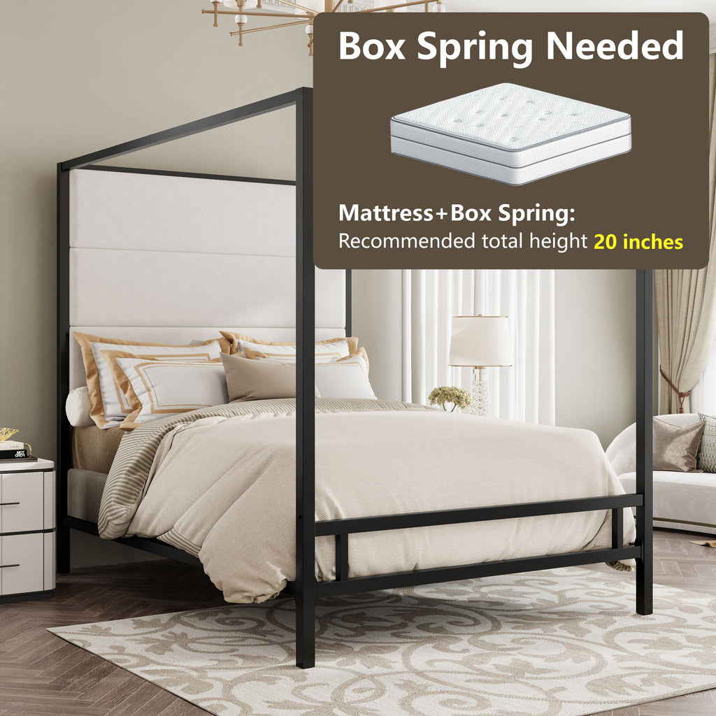 Canopy Bed With Tall Upholstered Headboard, 4 Poster Frame